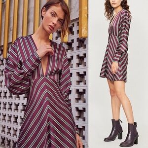 ALEXIS Burgundy Stripe Satin Puff Long Sleeve Plunge V-Neck Empire Waist Dress M